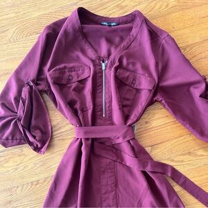 Express womens burgundy dress zip up and belt medium